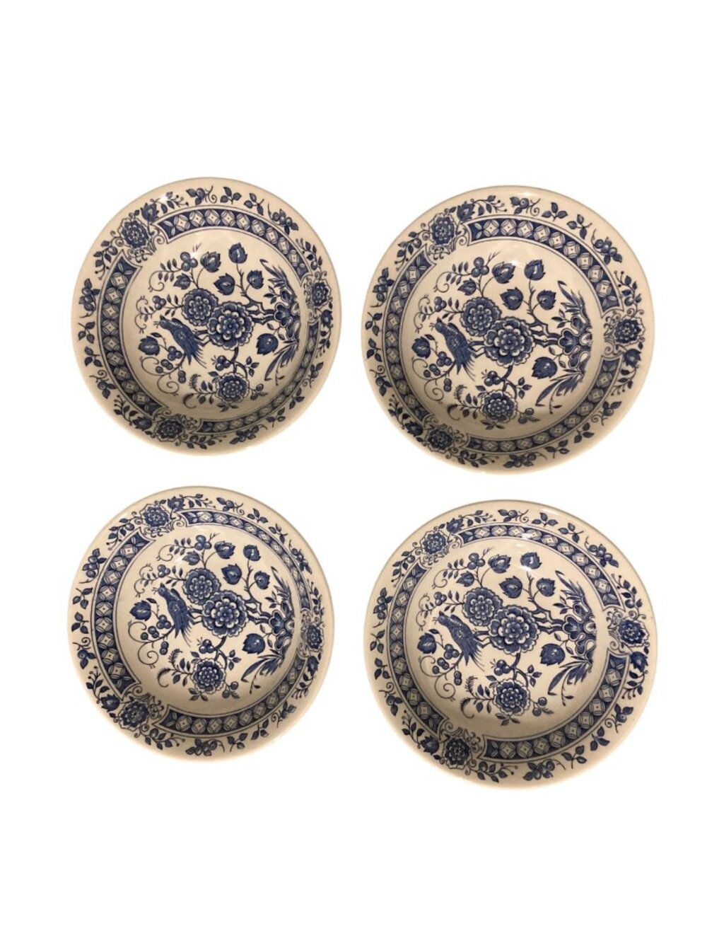 Vintage Broadhurst Staffordshire Ironstone Blue Nankin Bird Bowls Set of 4